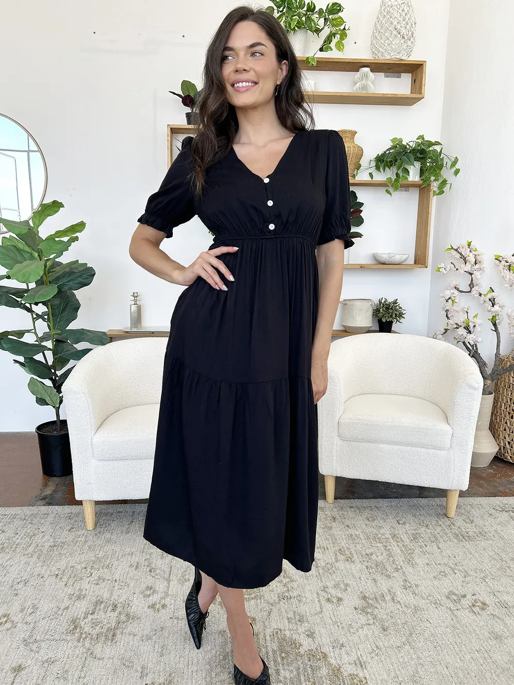 Ruched V-Neck Half Sleeve Midi Dress, image 9