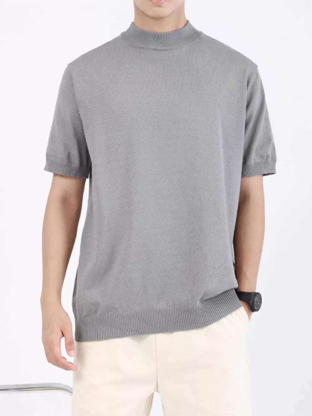 Men's Plus Size Mock Neck Knitted T-Shirt, image 6