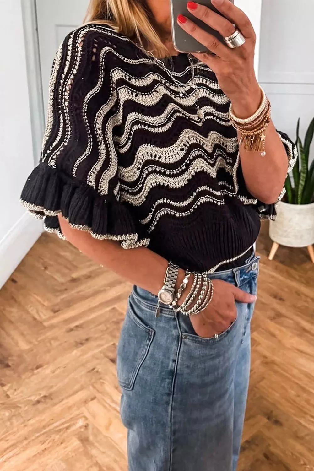 Wave Pattern Ruffle Sleeve Sweater, image 5