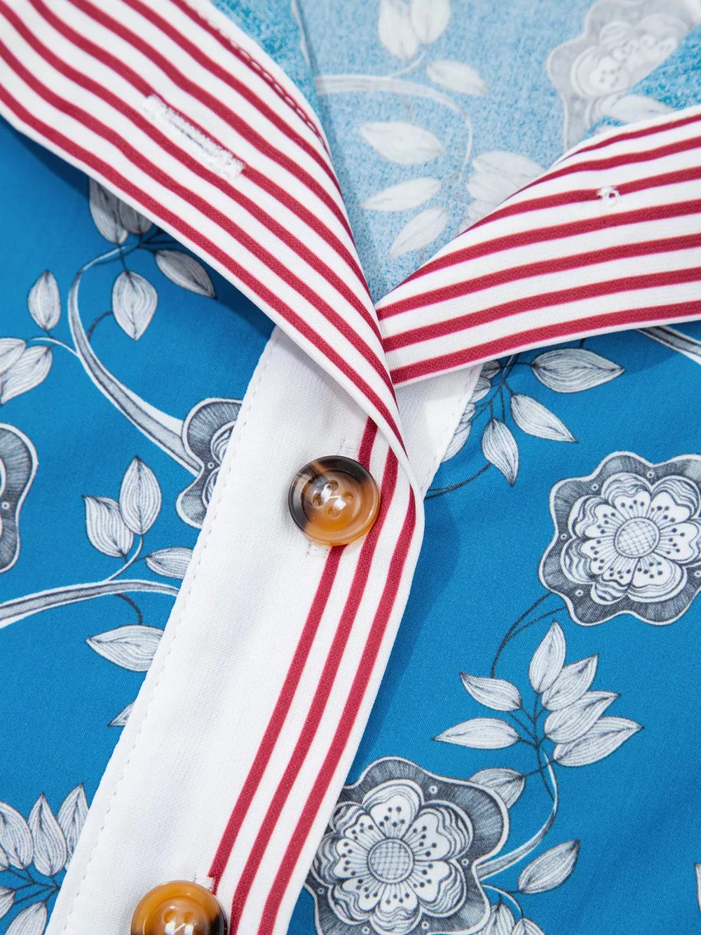 Floral Print Striped Trim Button Neck Short Sleeve Blouse, image 5
