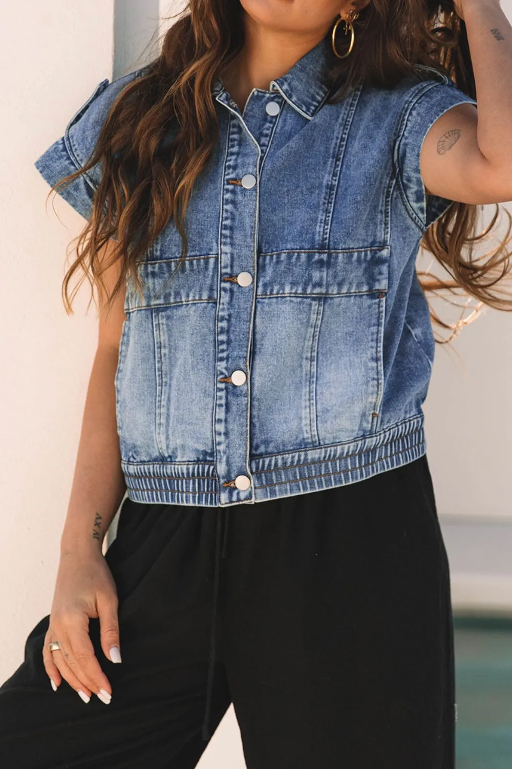 Button Up Cap Sleeve Denim Jacket, image 8