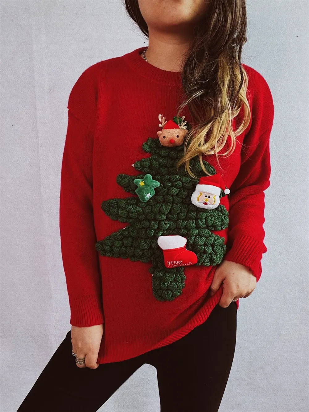 Christmas Tree Round Neck Long Sleeve Sweater, image 2