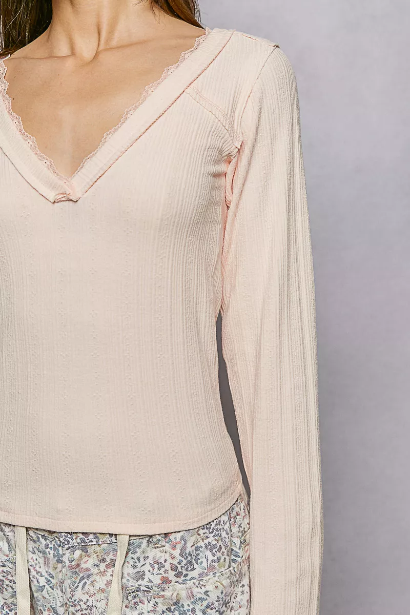 V-Neck Long Sleeve Ribbed Top with Lace-Accent Neckband, image 6
