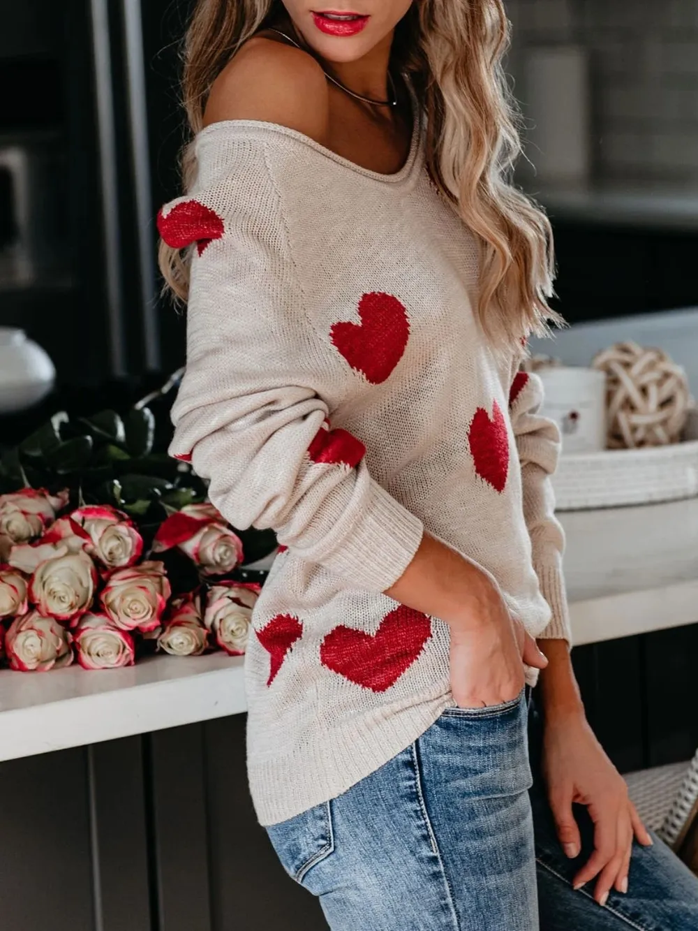Heart Scoop Neck Long Sleeve Sweater, image 10