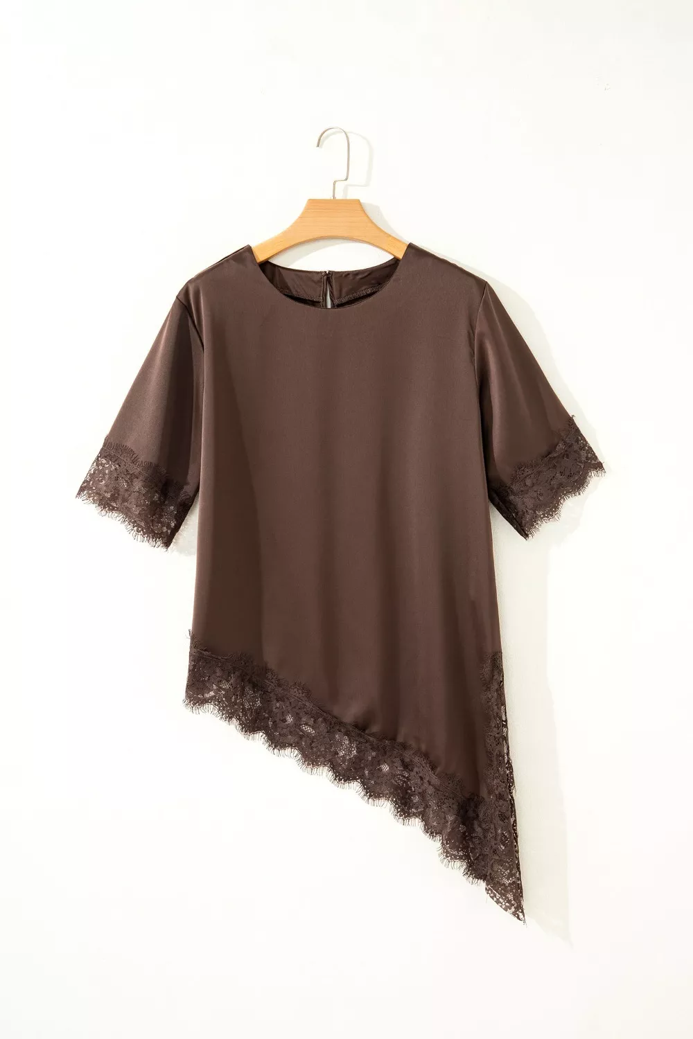 Asymmetric Lace Trim Short Sleeve Satin Top, image 6
