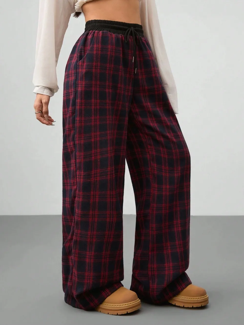 Plaid Wide Leg Pants with Drawstring Waist, image 3