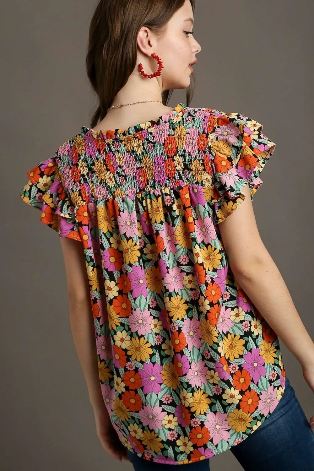 Full Size Floral Printed Smocked Top Plus Size, image 2