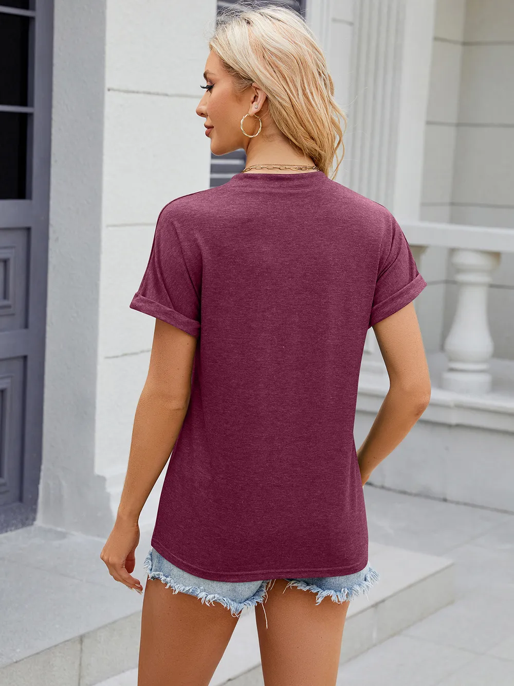 Decorative Button Notched Short Sleeve T-Shirt, image 21
