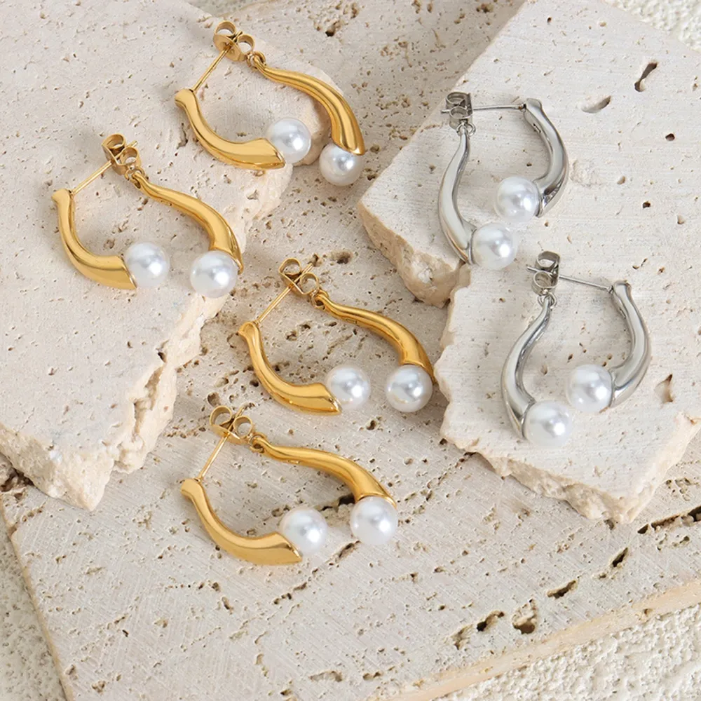 Synthetic Pearl Asymmetrical Titanium Steel Earrings, image 9