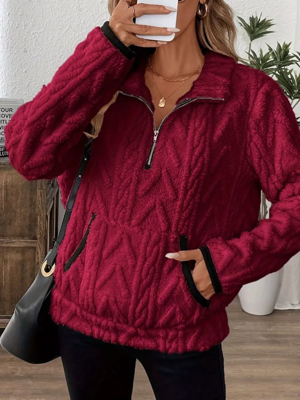 Full Size Half Zip Kangaroo Pocket Sweatshirt Plus Size, image 13