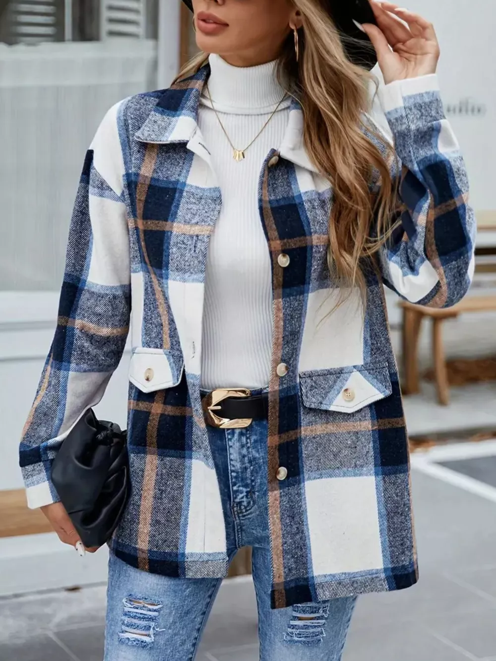 Plaid Button-Up Long Sleeve Shacket, image 8