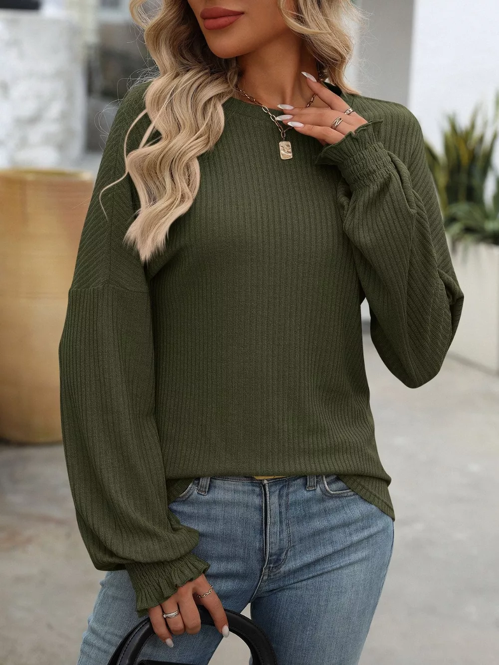 Ribbed Knit Ruffle Cuff T-Shirt, image 11