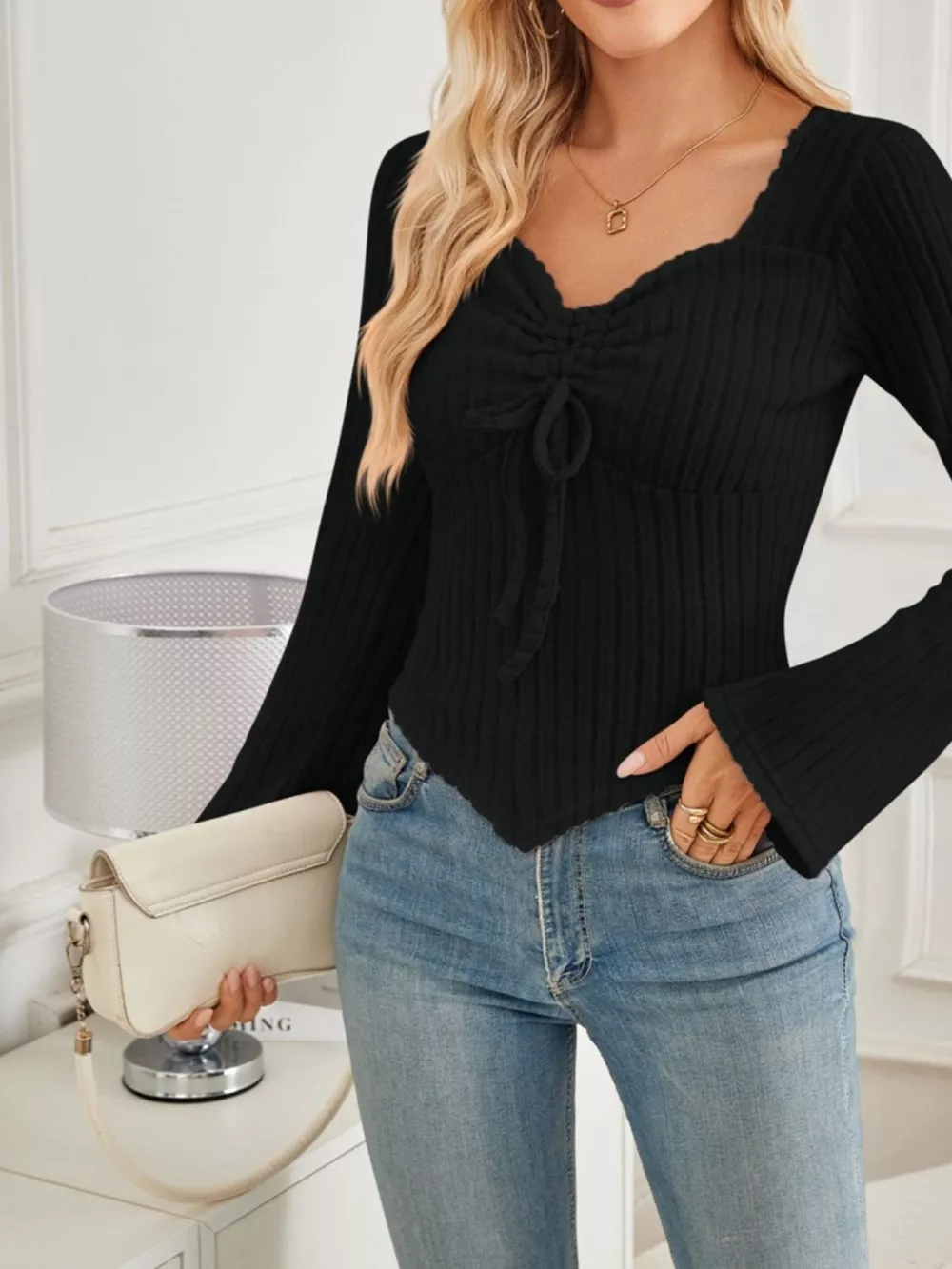 Ribbed Knit Drawstring Long Sleeve T-Shirt, image 13