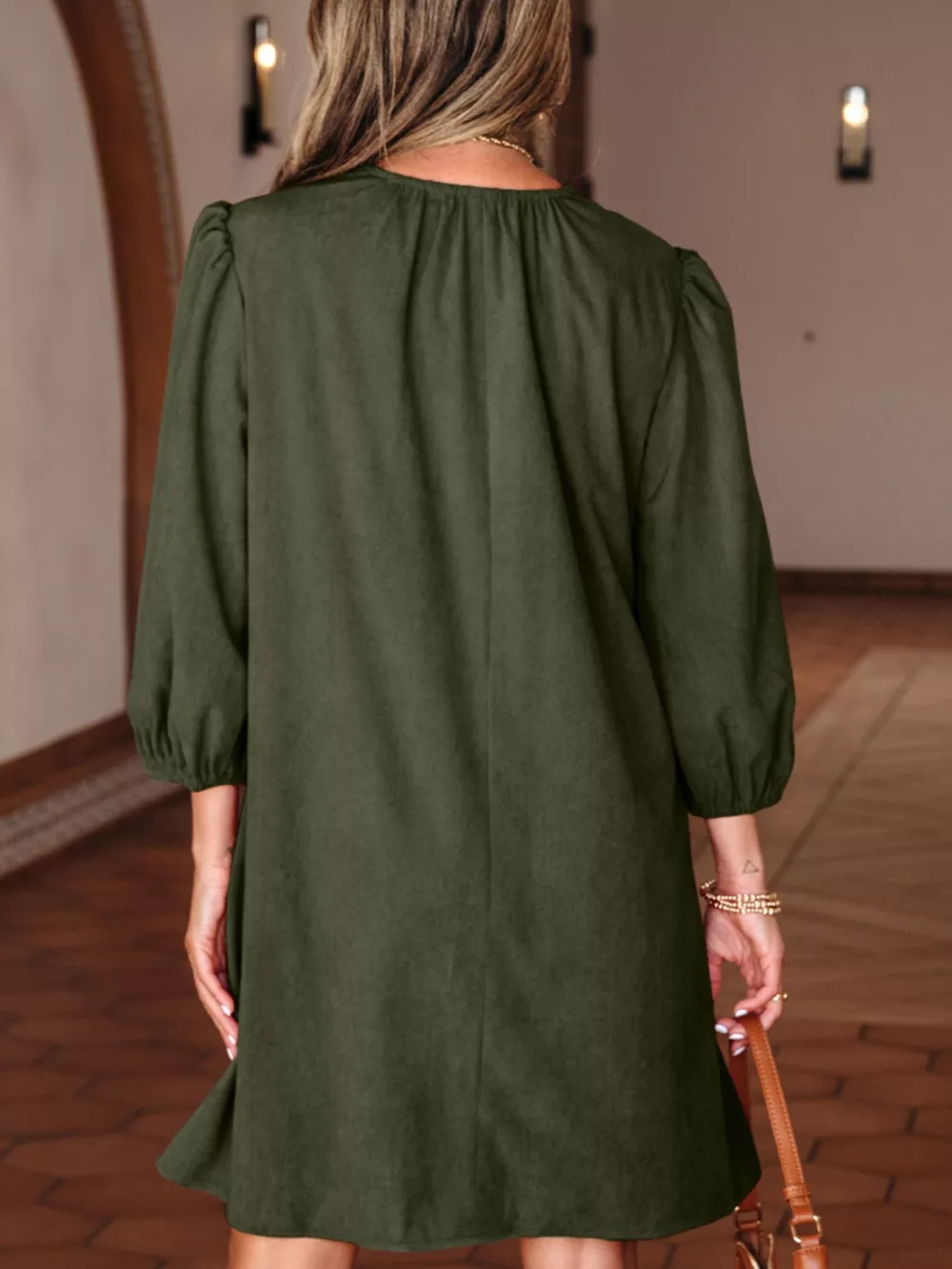 Bracelet Sleeve Split Neck Scallop Detail Pleated Corduroy Mini Dress, image 3