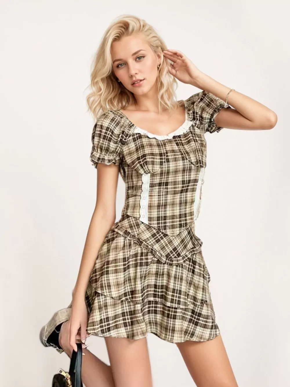 Plaid Puff Sleeve Top and Skirt Set, image 4