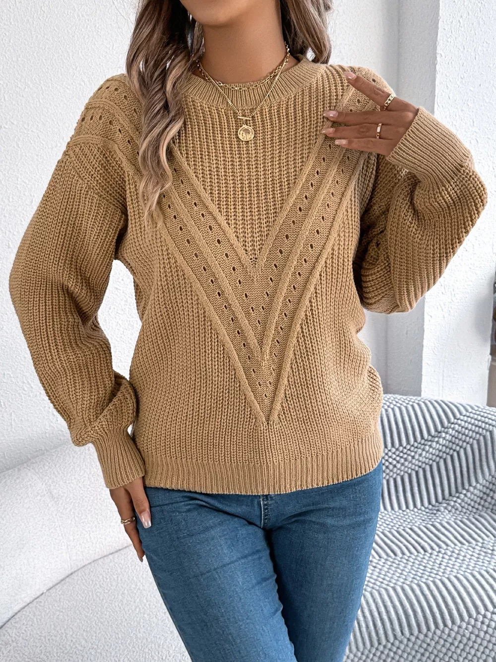 Openwork Round Neck Sweater, image 17