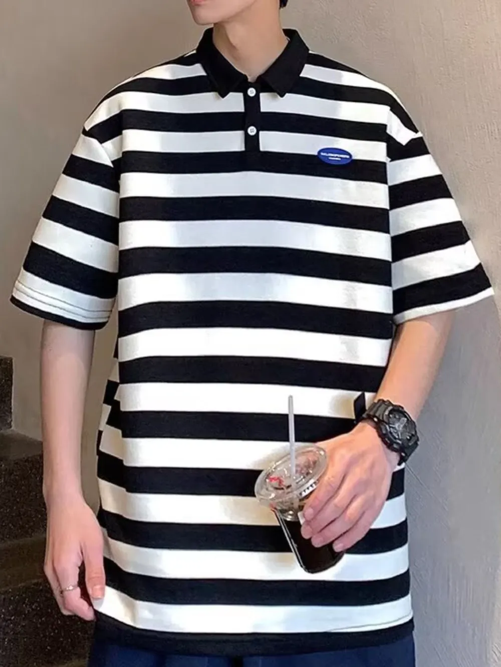 Men's Plus Size Striped Short Sleeve Oversized Polo