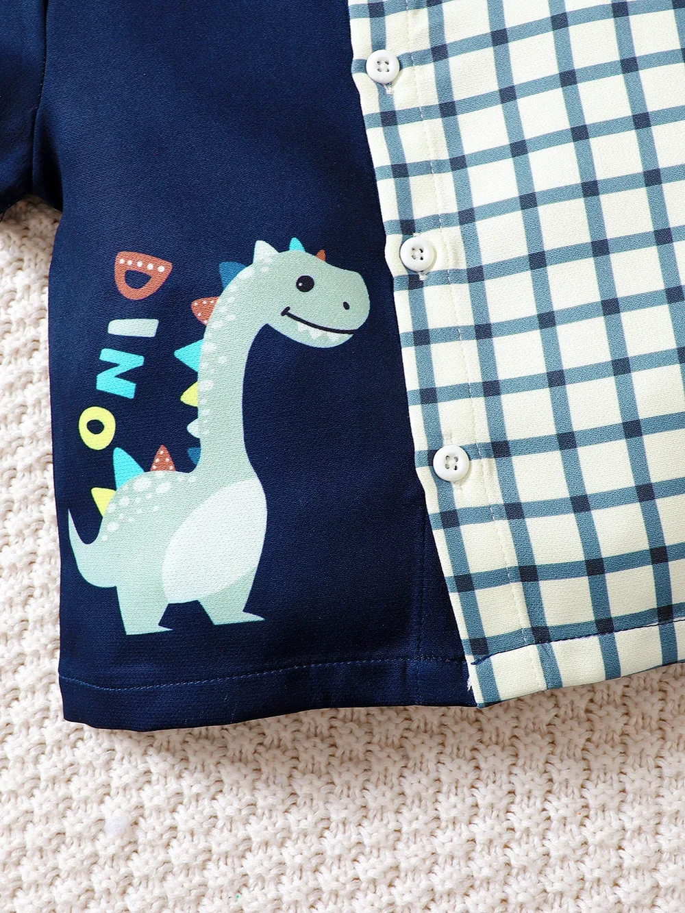 Children's Hat Dinosaur Plaid Button Up Top and Shorts 3-Piece Set, image 5