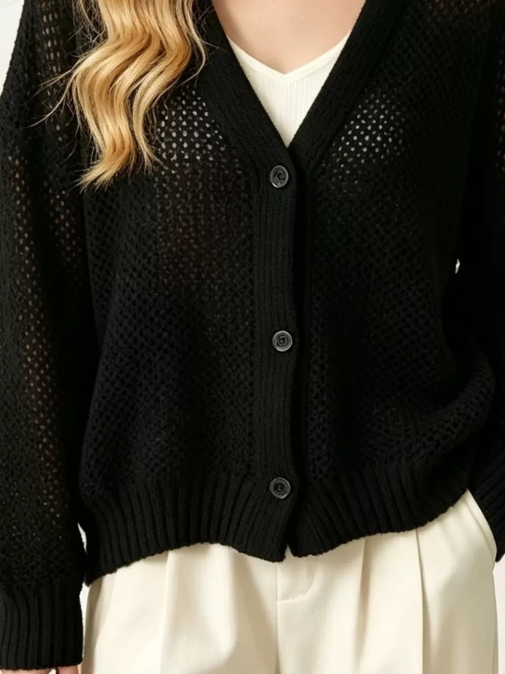 V-Neck Open-Knit Button-Down Cardigan, image 14