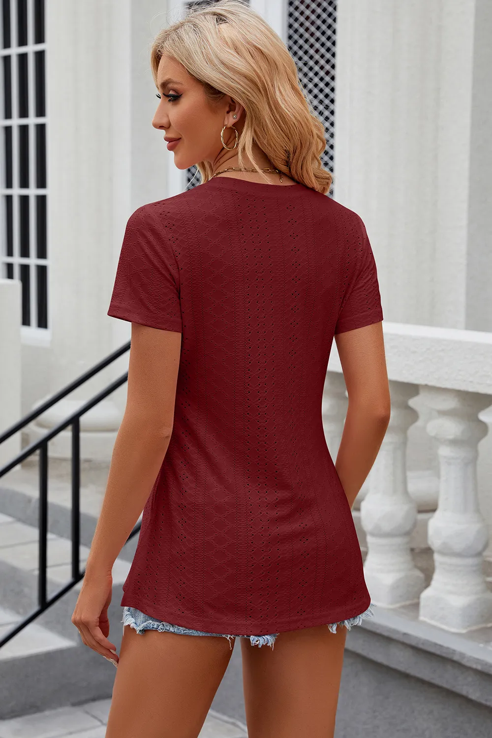 Eyelet Slit Round Neck Short Sleeve T-Shirt, image 9