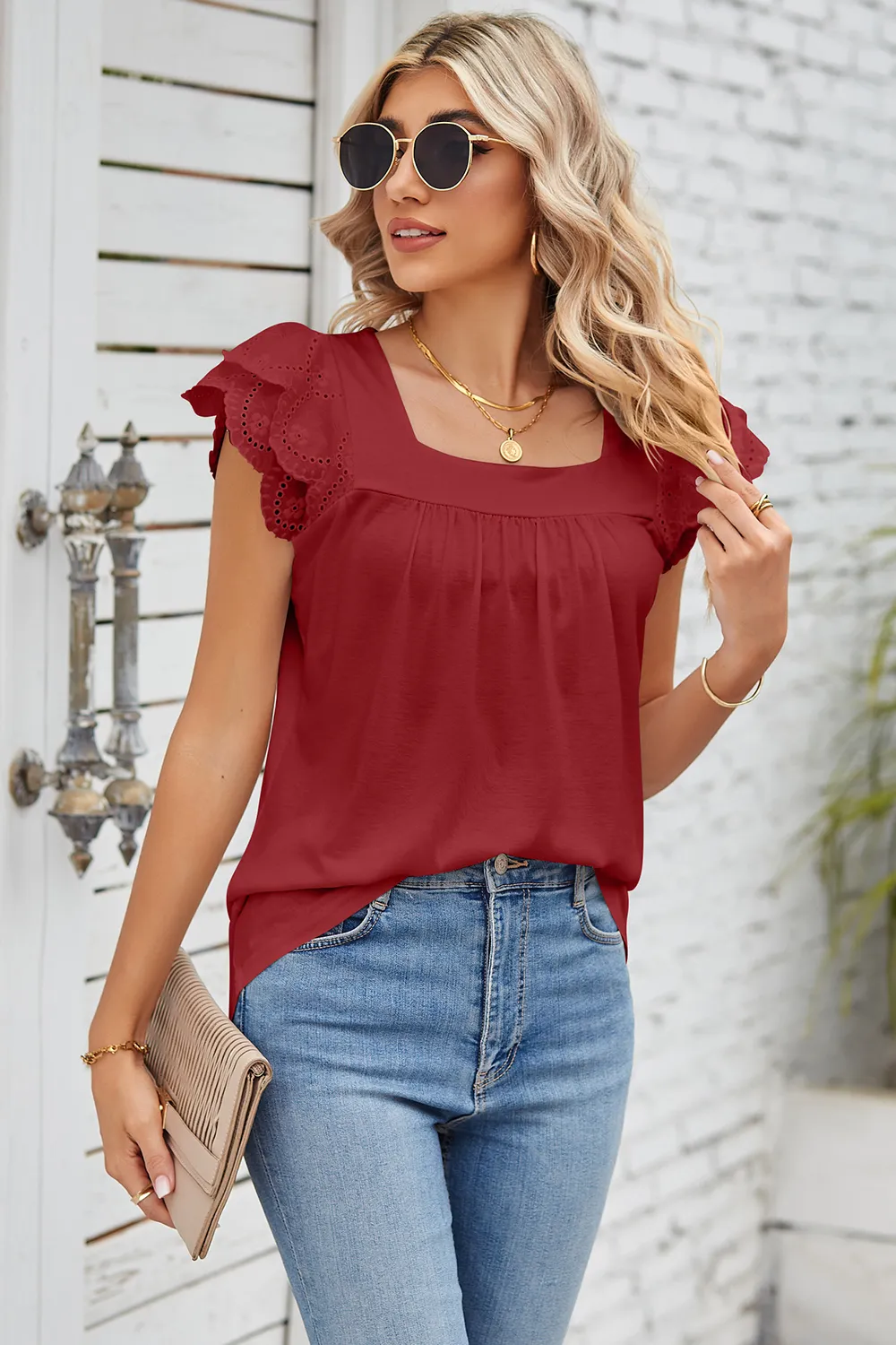 Eyelet Square Neck Cap Sleeve Blouse, image 12