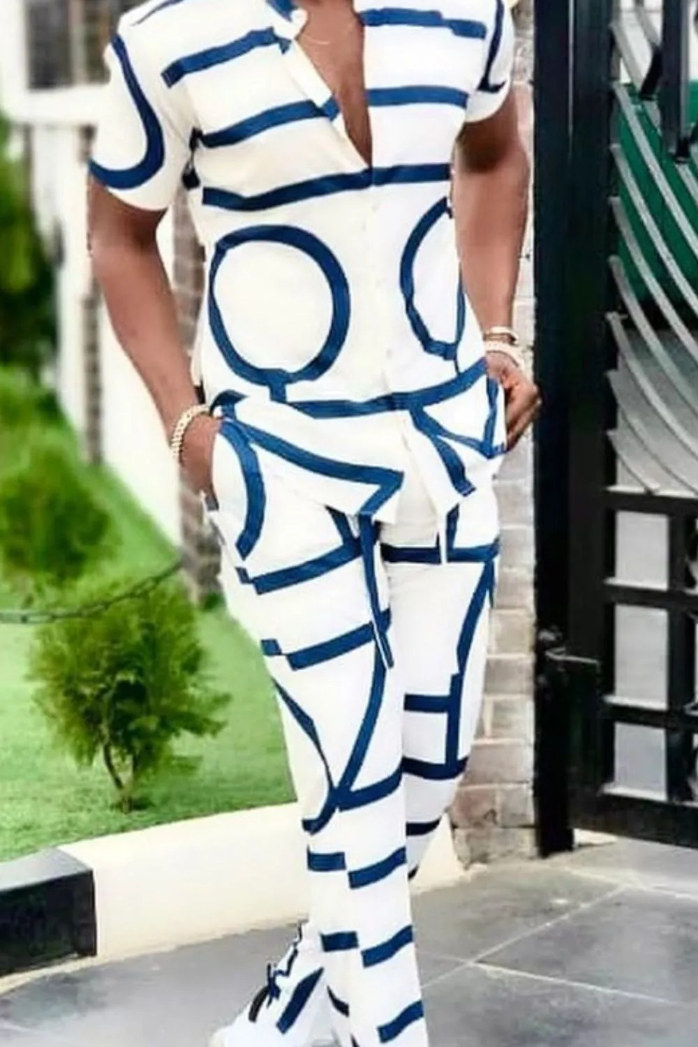 Men's Full Size Geo Print Short Sleeve Top and Pants Set Plus Size, image 4