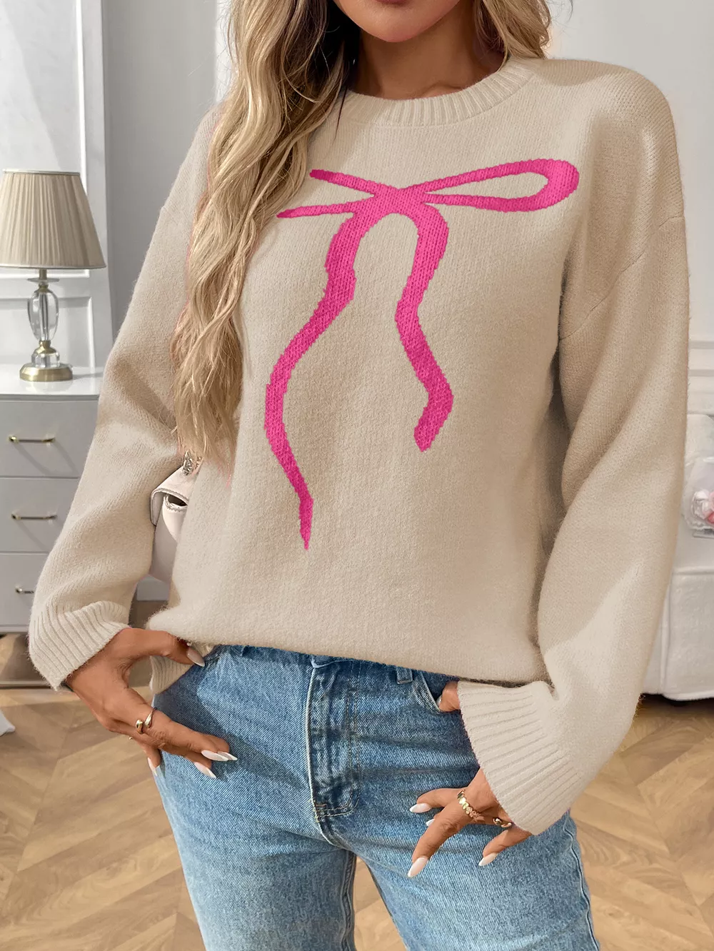 Bow Round Neck Long Sleeve Sweater, image 12