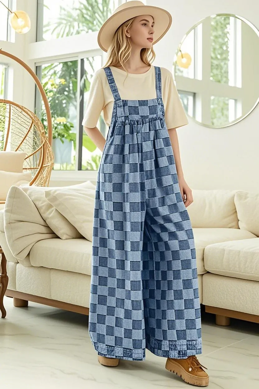 Checkered Sleeveless Wide Leg Denim Jumpsuit
