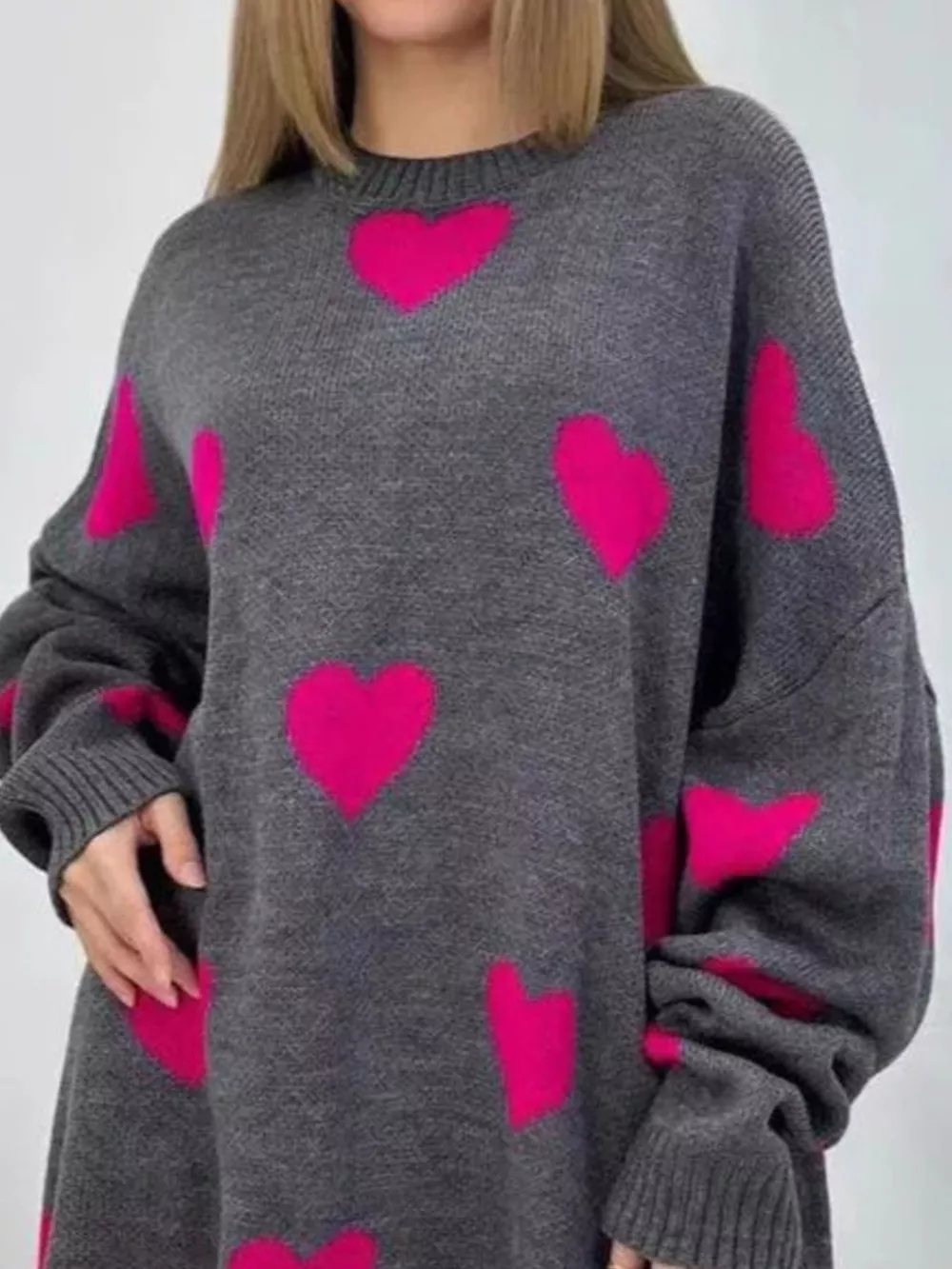 Heart Round Neck Oversized Knit Sweater, image 6