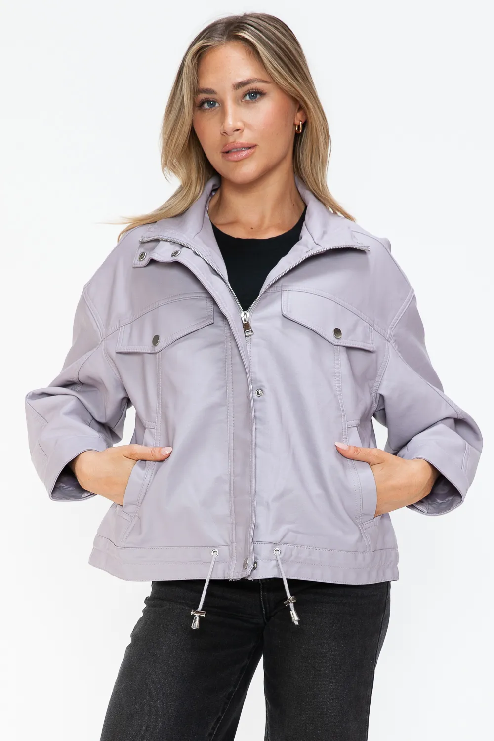Drawstring Hem PU Leather Zip Up Jacket, image 13