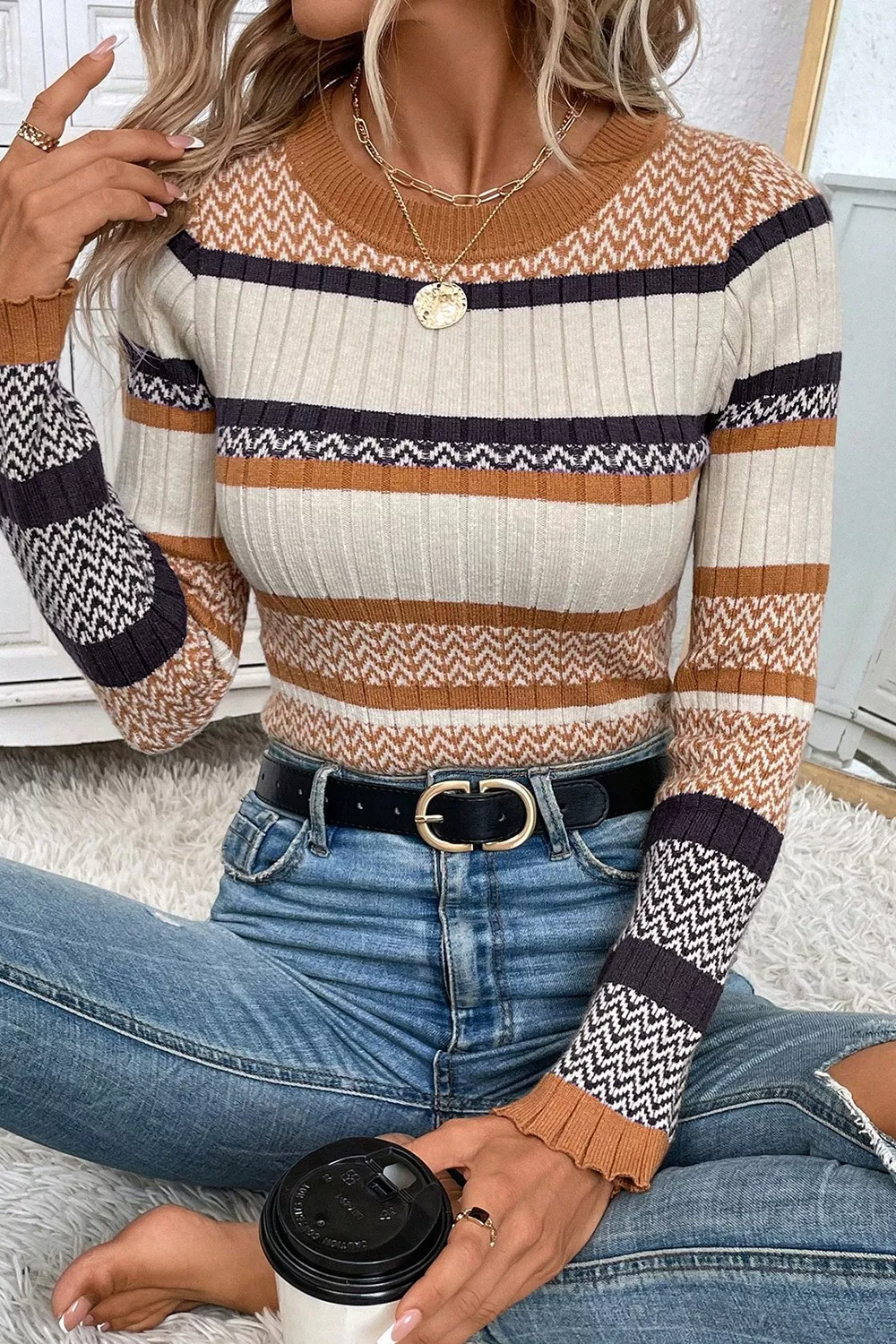 Stripe Stylish Pattern Knitted Ribbed Trim Slim Sweater, image 6
