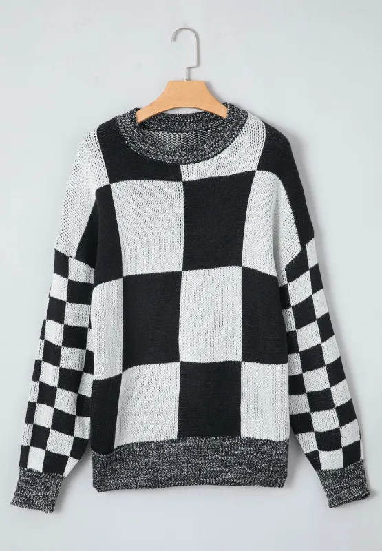 Checkered Round Neck Drop Shoulder Sweater, image 18