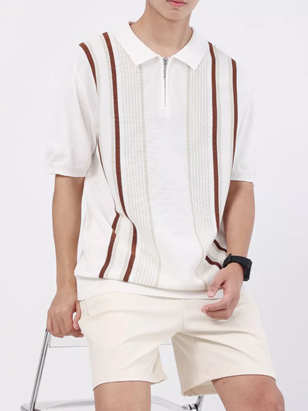 Men's Plus Size Striped Knit Polo with Zipper, image 6
