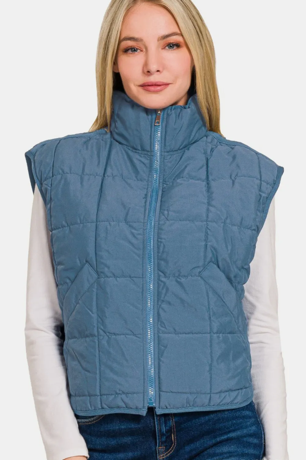 Zip Up Cropped Puffer Vest with Pockets, image 3