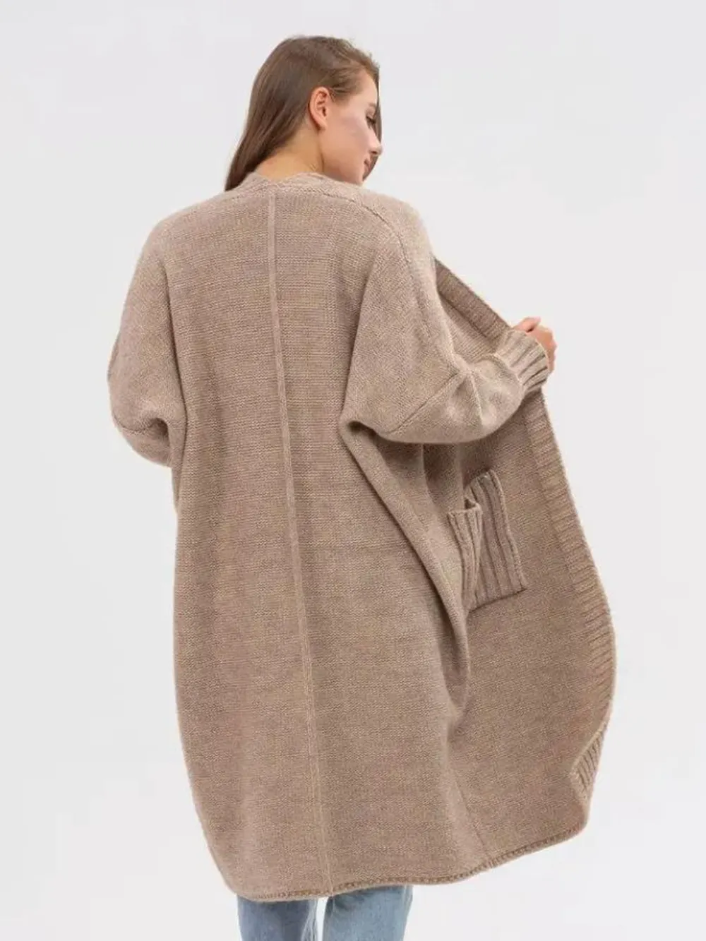 Pocketed Open Front Long Sleeve Longline Cardigan, image 3