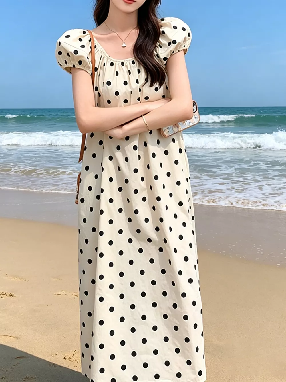 Polka Dot Puff Sleeve Midi Dress, image 4