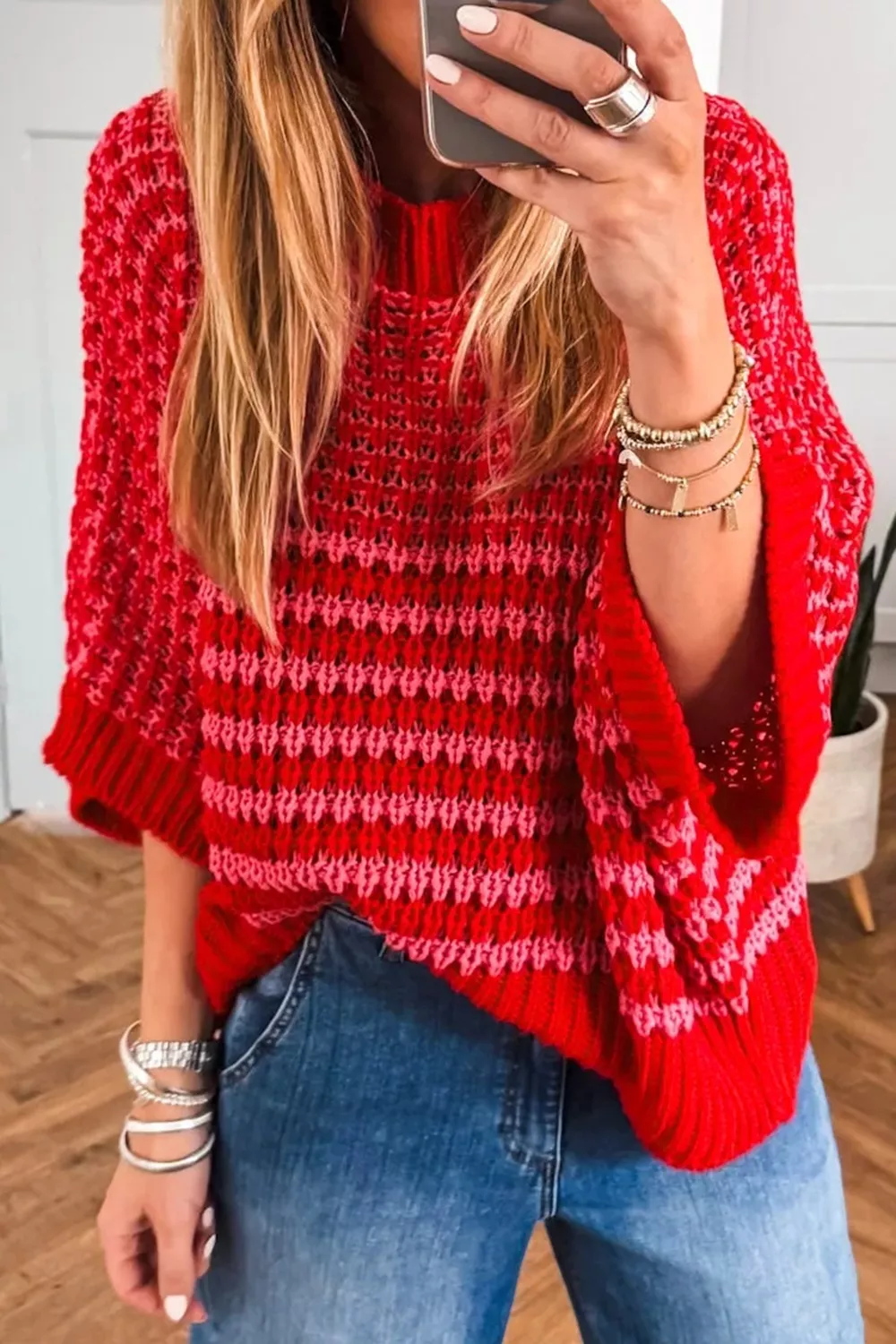 Stripe Wavy Crochet Eyelet Detail Ruffle Half Sleeve Sweater, image 2