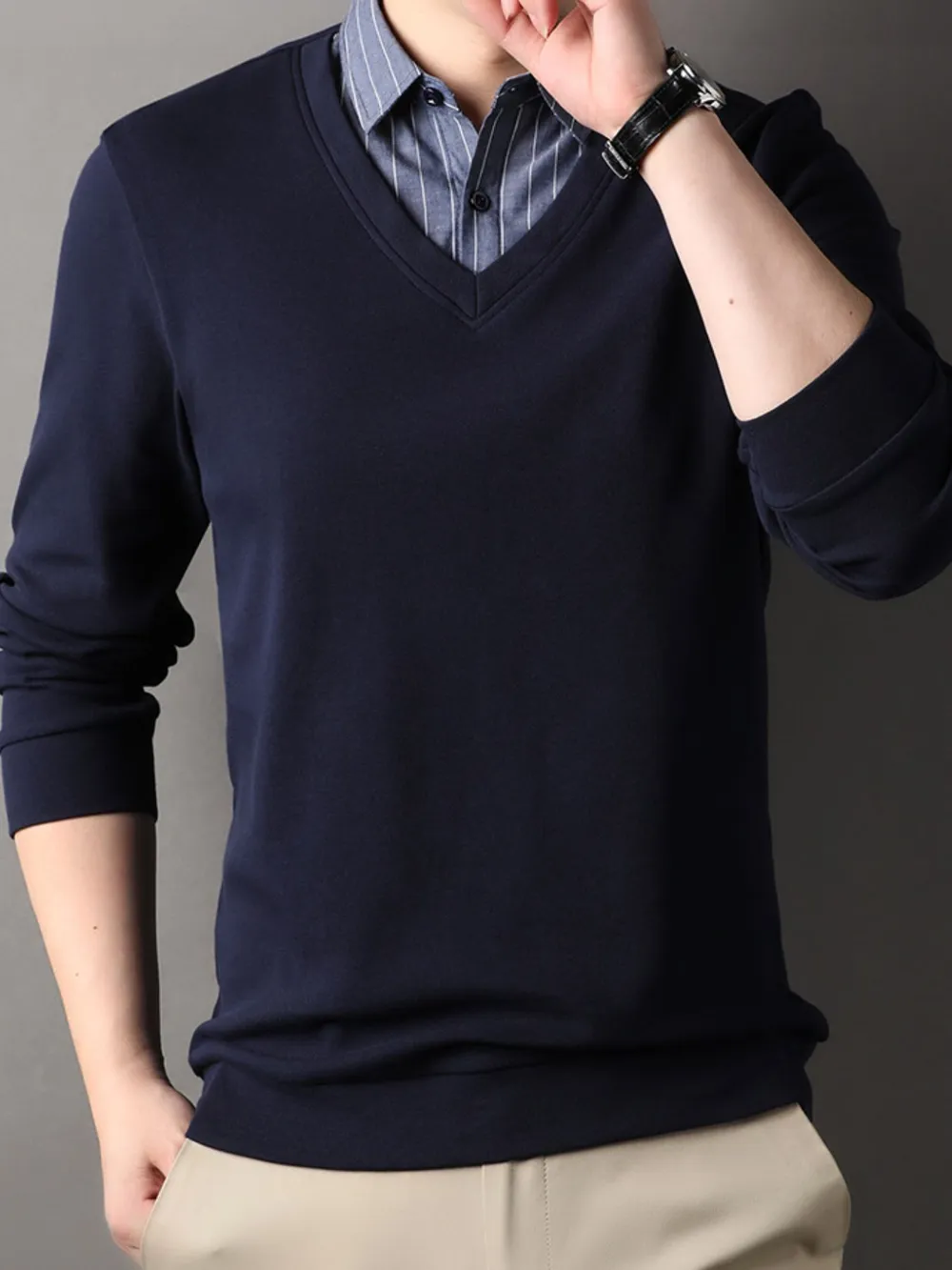 Men's Long Sleeve Striped Collar Polo, image 2