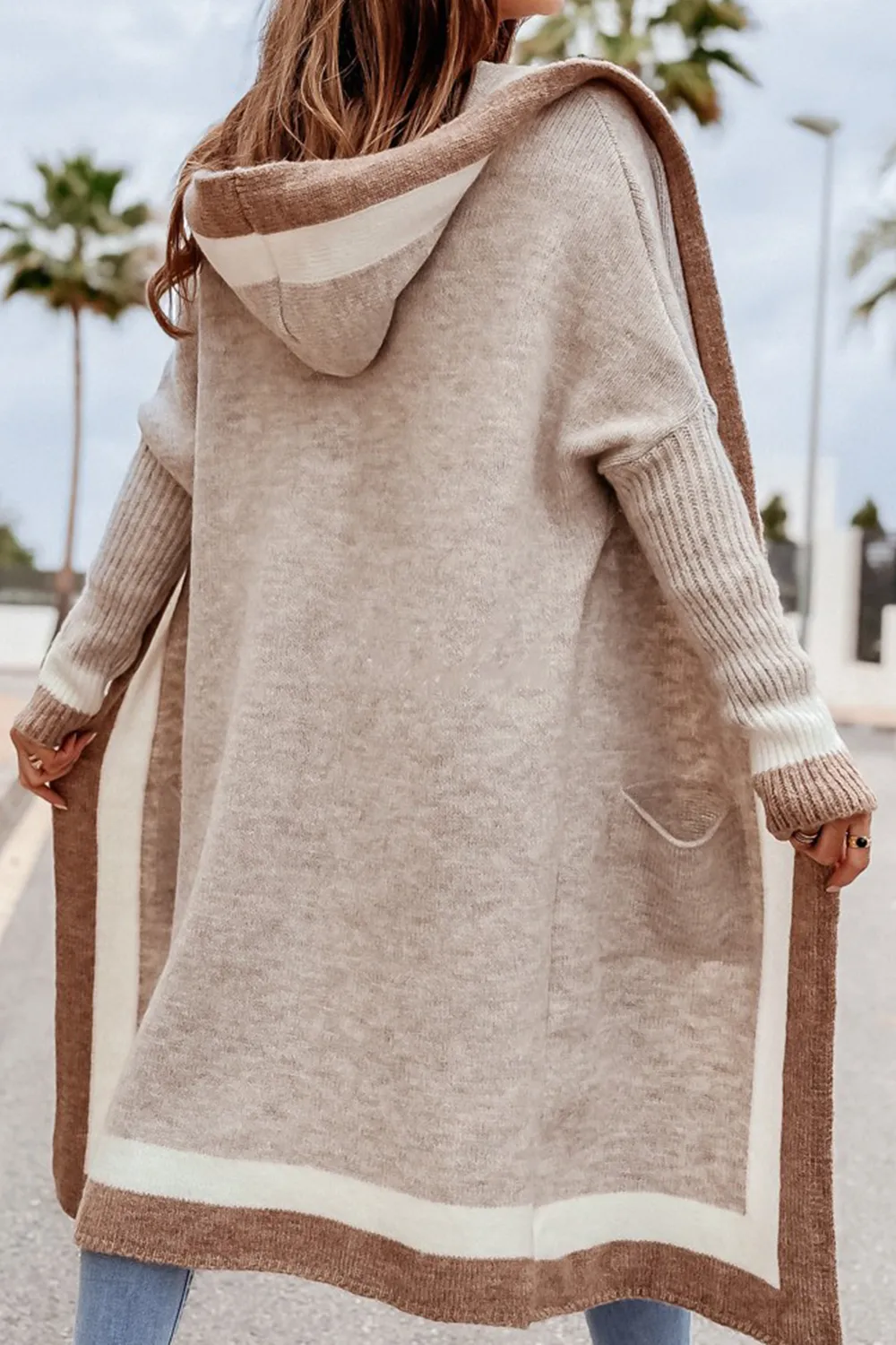Pocketed Contrast Long Sleeve Hooded Cardigan, image 4