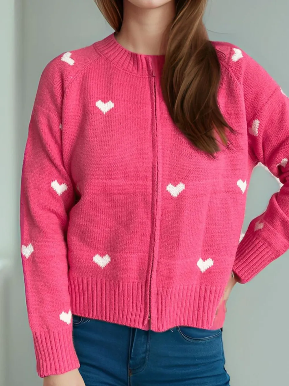 Heart Round Neck Zip Up Cardigan, image 18
