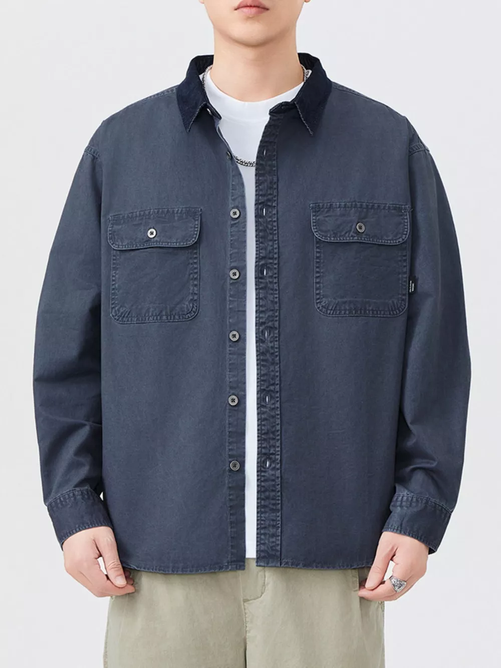 Men's Plus Size Button Up Shacket with Dual Chest Pockets
