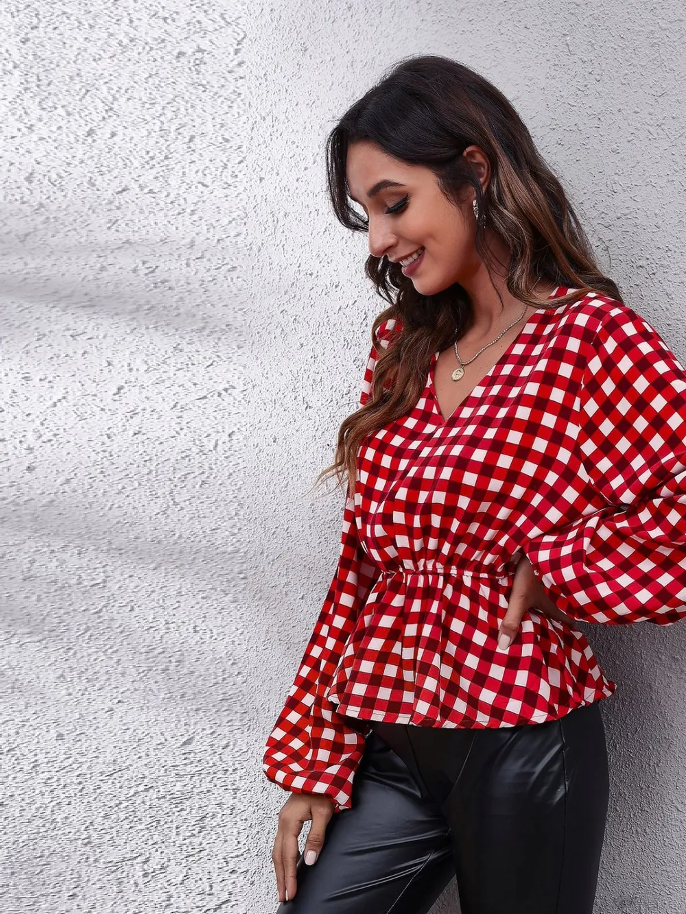Ruched Printed V-Neck Long Sleeve Blouse, image 9