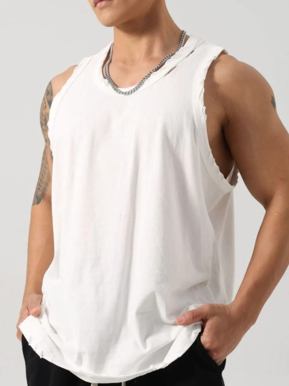 Men's Plus Size Distressed Hem Round Neck Tank, image 5