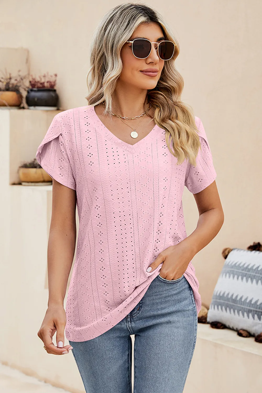 Eyelet V-Neck Petal Sleeve T-Shirt, image 3