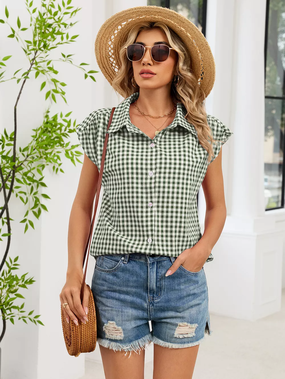 Plaid Button Up Cap Sleeve Shirt, image 25