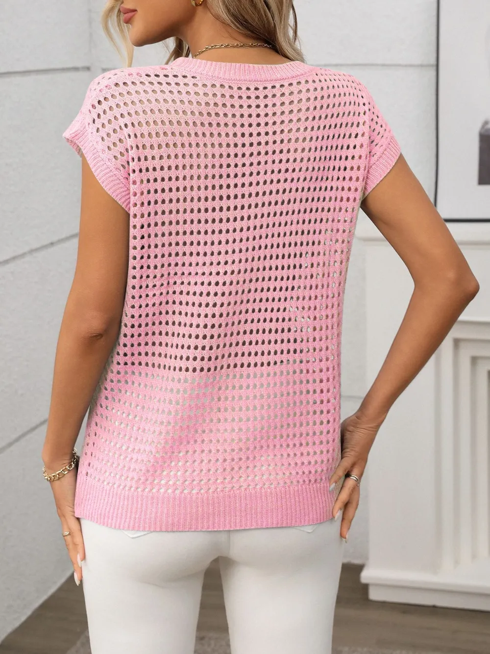 Openwork Round Neck Short Sleeve Knit Cover Up, image 17