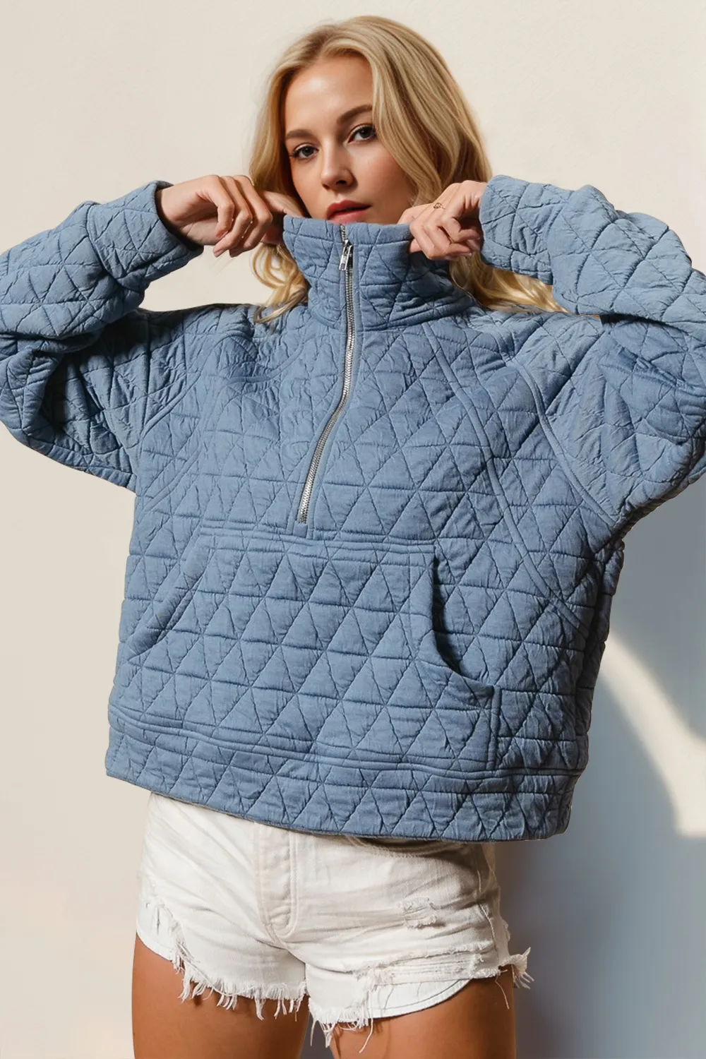 Half Zip Long Sleeve Quilted Sweatshirt with Pocket, image 7