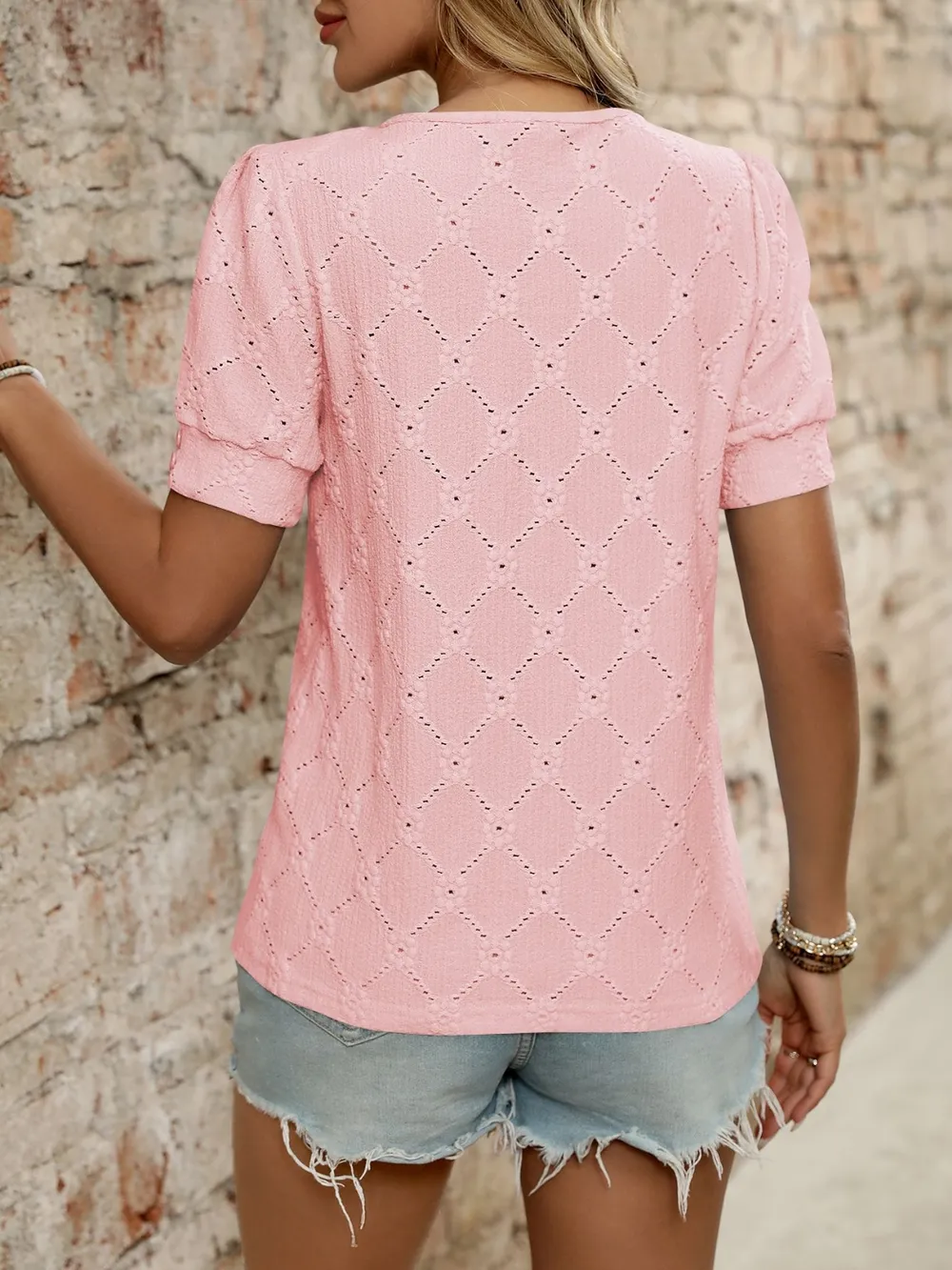 Eyelet Round Neck Short Sleeve Top, image 16