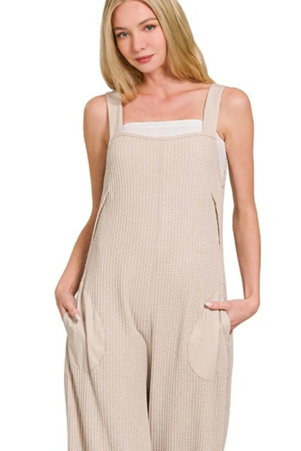 Knit Waffle Wide Leg Overalls, image 3
