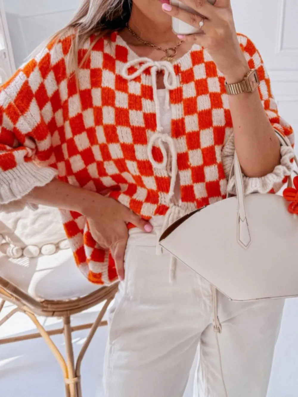 Checkered Tie-Front Knit Cardigan, image 12